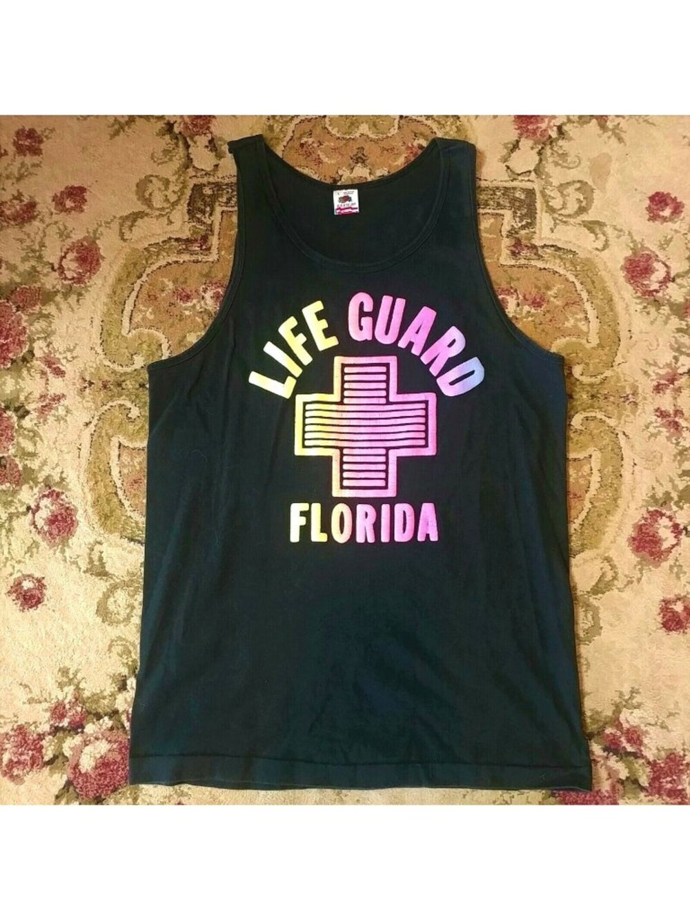 Large Black Single Stitch Neon Florida Life Guard Tank Top Puff Paint Vintage